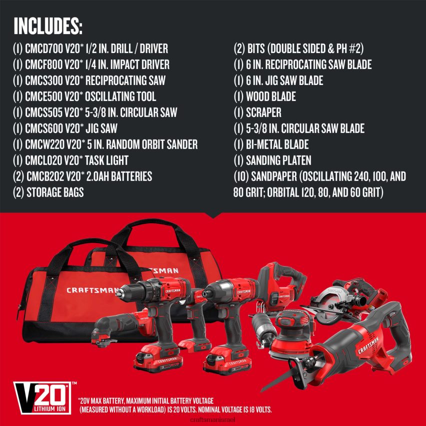 CRAFTSMAN כלי עבודה חשמליים ערכה משולבת לכלי חשמל עם 8 כלים עם מארז רך (2 סוללות כלולות ומטען כלול) 664RTT4