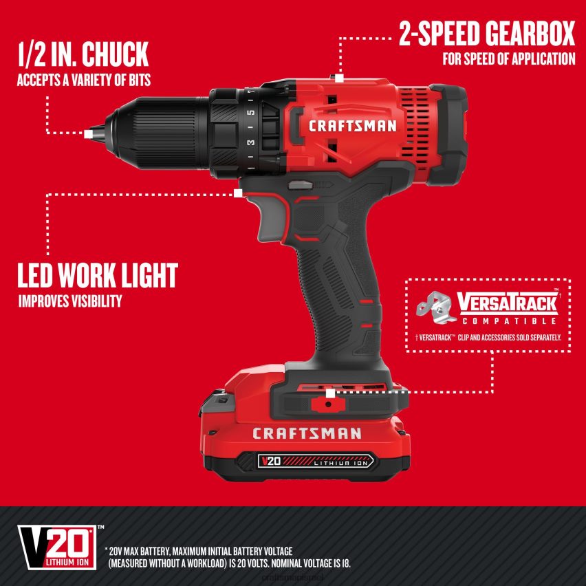 CRAFTSMAN כלי עבודה חשמליים v20 20 וולט מקסימום מקדחה אלחוטית 1/2 אינץ' (כולל סוללה אחת, מטען כלול) 664RTT148