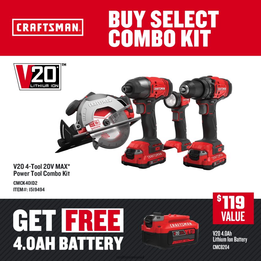 CRAFTSMAN כלי עבודה חשמליים v20 4 כלים משולבים של כלי עבודה חשמליים (2-סוללות כלולות ומטען כלול) 664RTT10