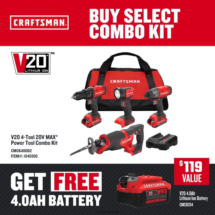 CRAFTSMAN כלי עבודה חשמליים v20 ערכת כלי עבודה חשמליים משולבים עם 4 כלים עם מארז רך (2 סוללות כלולות ומטען כלול) 664RTT15
