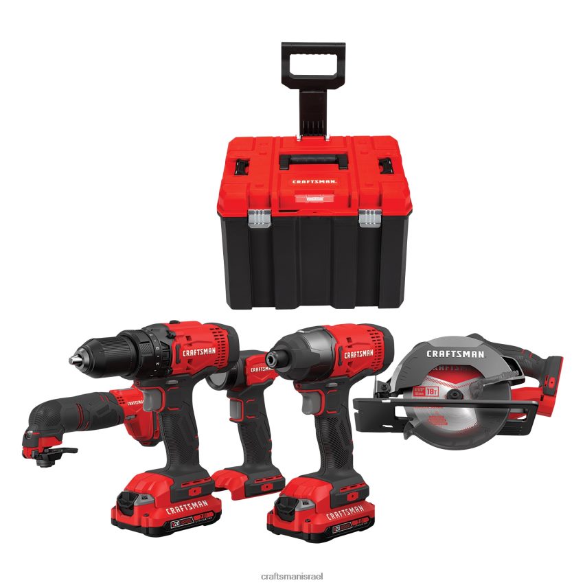 CRAFTSMAN כלי עבודה חשמליים v20 5 כלים 20 וולט מקסימום ערכת כלי עבודה משולבים עם מארז רך ומערכת versastack גלגלי פלסטיק אדומים של 20 אינץ' ארגז כלים ננעל 664RTT57