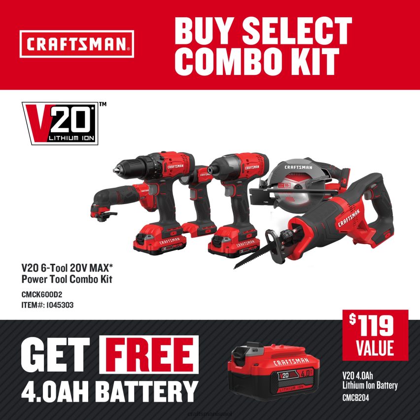 CRAFTSMAN כלי עבודה חשמליים v20 ערכת כלי עבודה חשמליים משולבים עם 6 כלים עם מארז רך (2 סוללות כלולות ומטען כלול) 664RTT6